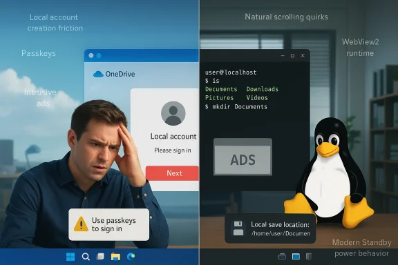 Split-screen illustration contrasts local sign-in friction with a Linux-style terminal and a penguin.