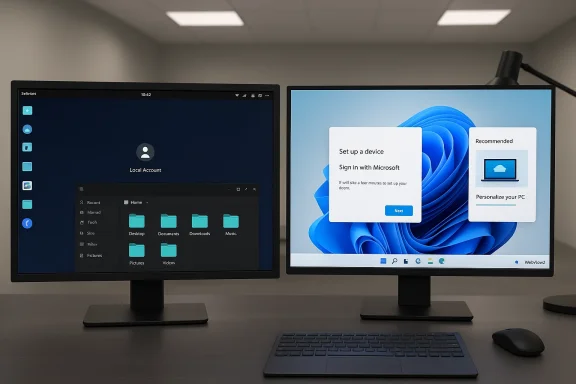 Two-monitor setup with Windows 11 on the right and a dark Linux-like desktop on the left. Two-monitor setup with Windows 11 on the right and a dark Linux-like desktop on the left.