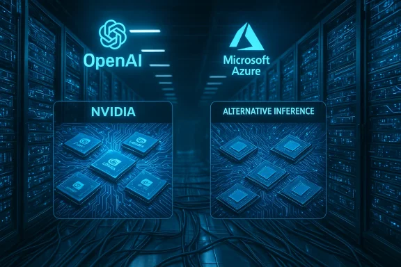 Blue-tinted data center displaying logos for OpenAI, Microsoft Azure, NVIDIA, and Alternative Inference. Blue-tinted data center displaying logos for OpenAI, Microsoft Azure, NVIDIA, and Alternative Inference.
