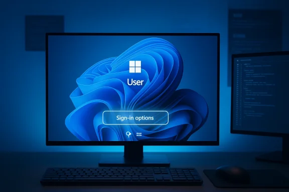 Windows 11 sign-in screen shown on a blue-toned desktop monitor.