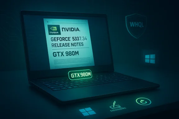 Laptop displays Nvidia GeForce GTX 980M release notes with a glowing GTX 980M badge.