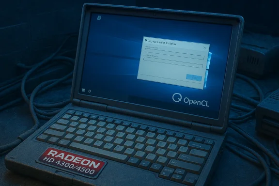 Retro laptop with a Radeon HD 4300/4500 badge, displaying a Windows driver installer.