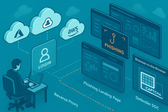 Illustration of a user at a desk facing a phishing landing page amid cloud services.
