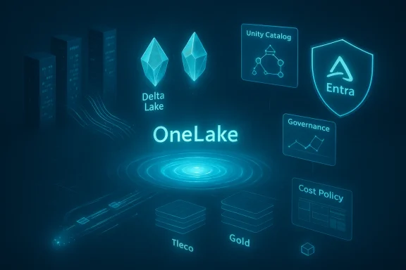 A neon holographic dashboard centered on OneLake, displaying Delta Lake, Unity Catalog, Entra and governance icons.
