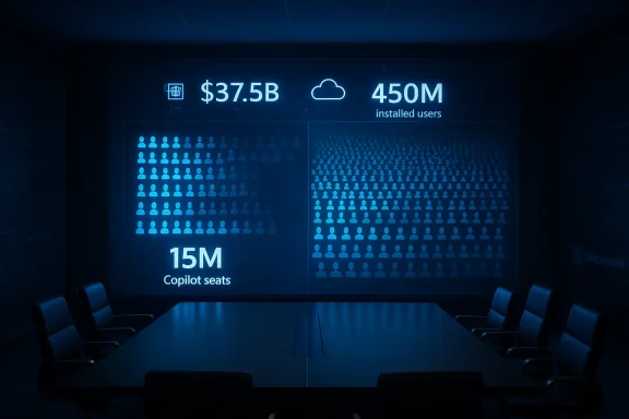 Dim high-tech boardroom with a glowing wall display showing $37.5B, 450M users, and 15M Copilot seats. Dim high-tech boardroom with a glowing wall display showing $37.5B, 450M users, and 15M Copilot seats.