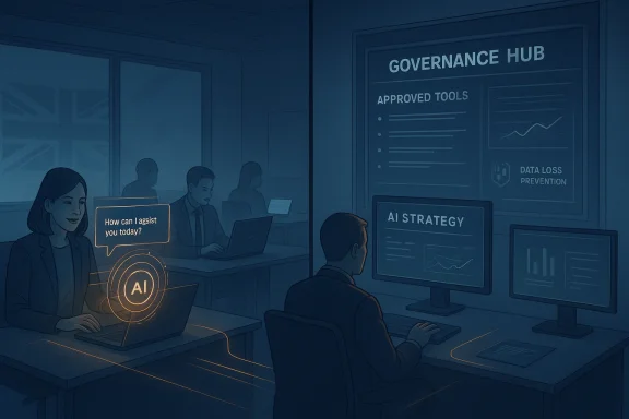 Office scene with an AI assistant on a laptop and governance hub dashboards alongside AI strategy displays.