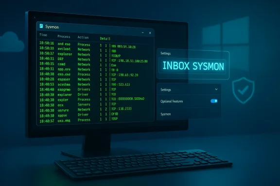A dark, neon-blue monitor shows a Sysmon-style process log with an 'Inbox Sysmon' panel.