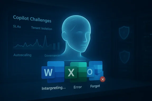 Blue holographic AI head before a dashboard titled Copilot Challenges with colorful app tiles and error prompts.