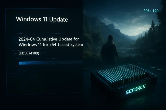 Windows 11 Update dialog on the left; a gaming scene with a GeForce GPU and FPS counter on the right.