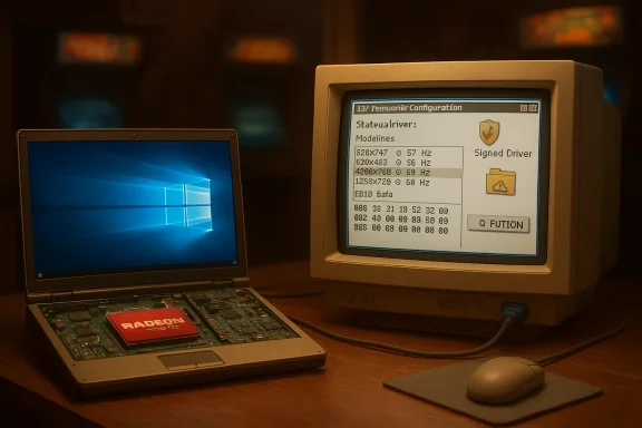 A vintage laptop with an exposed motherboard sits beside a CRT monitor displaying a driver/configuration screen.