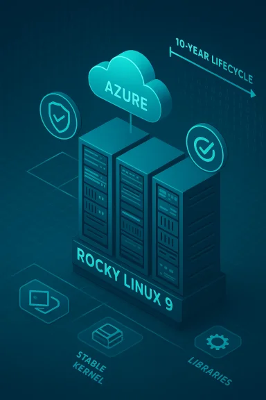 Rocky Linux 9 server stack linked to Azure cloud with a 10-year lifecycle.