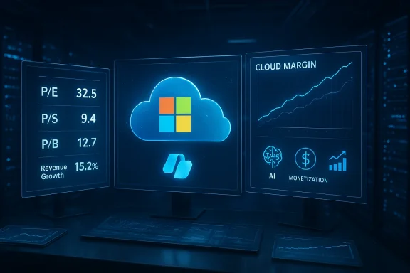 Blue holographic dashboards display cloud analytics with market metrics and monetization trends.