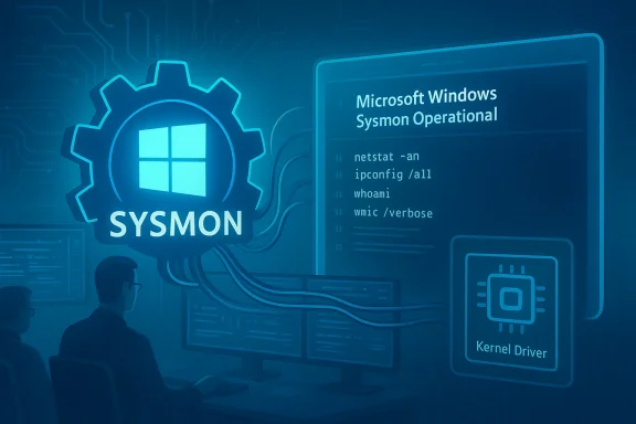 Blue tech scene featuring a Sysmon gear logo, Windows screen, and engineers at work. Blue tech scene featuring a Sysmon gear logo, Windows screen, and engineers at work.