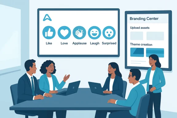 Branding team discusses strategy as a screen displays social reaction icons.