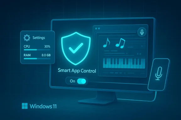 Windows 11 holographic UI with Smart App Control shield, settings, and audio widgets.