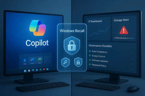 Two monitors show Windows Copilot UI with a Windows Recall overlay and IT dashboards.