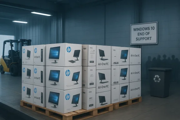 Stacks of HP All-In-One PC boxes on pallets in a warehouse, with a forklift nearby.