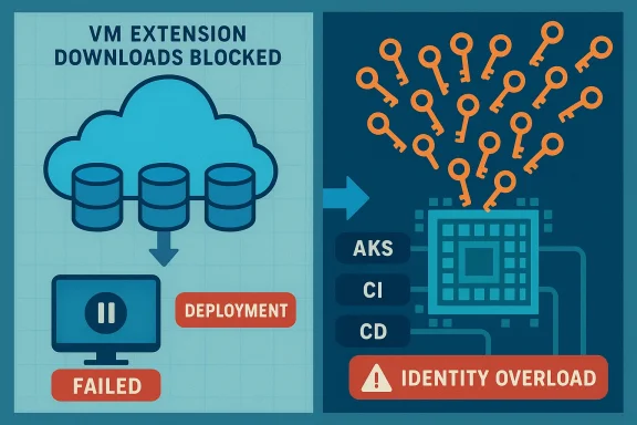 Cloud VM extension downloads blocked; deployment failed, while identity overload floods the processor.
