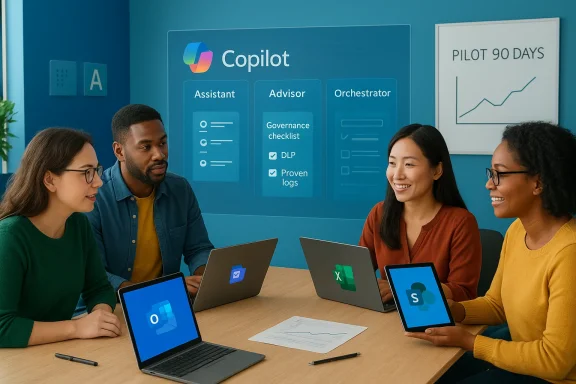 Team of four in a blue office collaborates around laptops, exploring Copilot features.