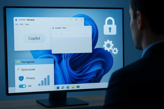 A person watches a Windows desktop with Copilot, Notepad, and Paint windows on a blue background. A person watches a Windows desktop with Copilot, Notepad, and Paint windows on a blue background.