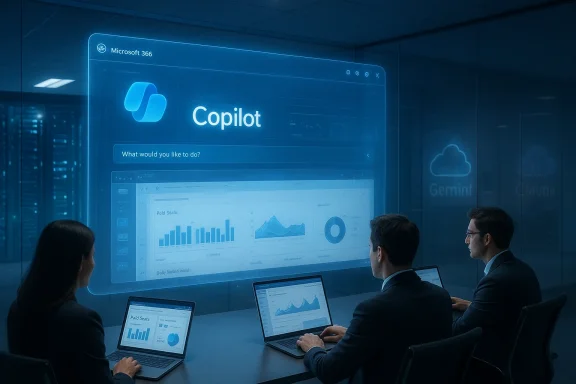 A team in a glass-walled conference room watches a holographic Copilot interface.