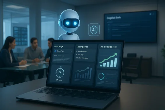 A friendly AI robot hovers beside a laptop displaying charts during a team meeting. A friendly AI robot hovers beside a laptop displaying charts during a team meeting.