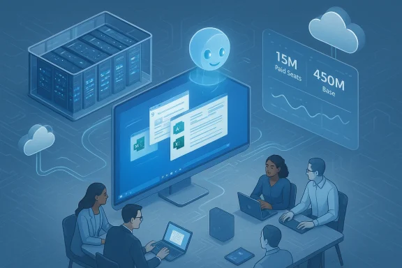 A diverse team collaborates around a large screen amid cloud computing and data-center visuals.