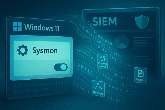 Windows 11 style security dashboard displaying Sysmon and SIEM analytics. Windows 11 style security dashboard displaying Sysmon and SIEM analytics.
