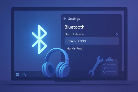 Blue-tinted laptop screen shows Bluetooth settings with Stereo (A2DP) output option.