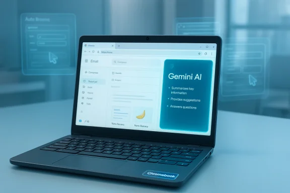 Chromebook screen shows Gemini AI summary features amid blue holographic UI overlays.