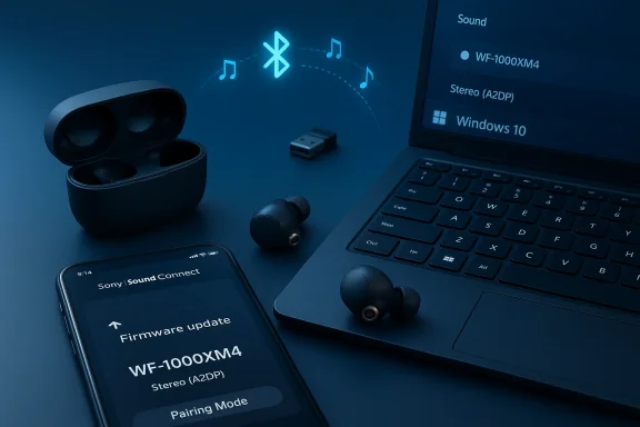Wireless earbuds with case, USB dongle, laptop, and a phone showing a WF-1000XM4 firmware update.