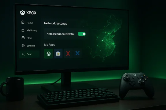 Xbox network settings UI on a monitor with a green glow, keyboard, and controller.