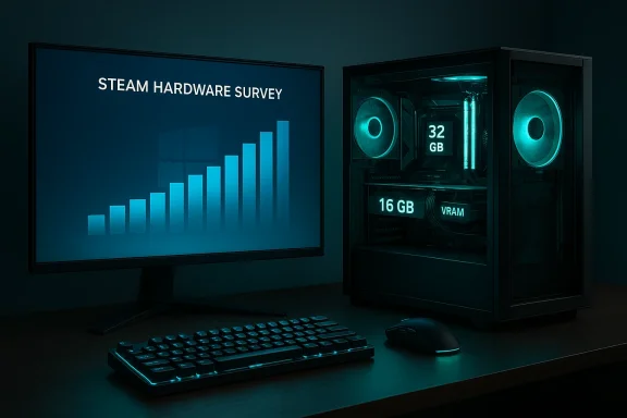Teal-lit computer setup with a monitor displaying “STEAM HARDWARE SURVEY” beside a glowing PC.
