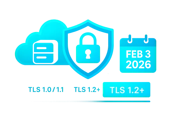 Glowing blue security illustration with cloud, shield lock, calendar, and TLS 1.2+.