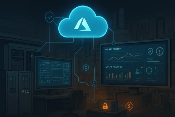 Blue cloud icon links OT telemetry dashboards in a dark industrial control room. Blue cloud icon links OT telemetry dashboards in a dark industrial control room.