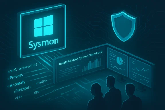 Neon Windows Sysmon dashboard displaying charts and a shield against a circuit background. Neon Windows Sysmon dashboard displaying charts and a shield against a circuit background.