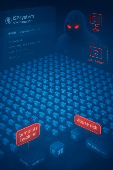 A hooded figure looms over a sea of blue server cubes, with red security labels like 'abuse risk' and 'self-signed.'