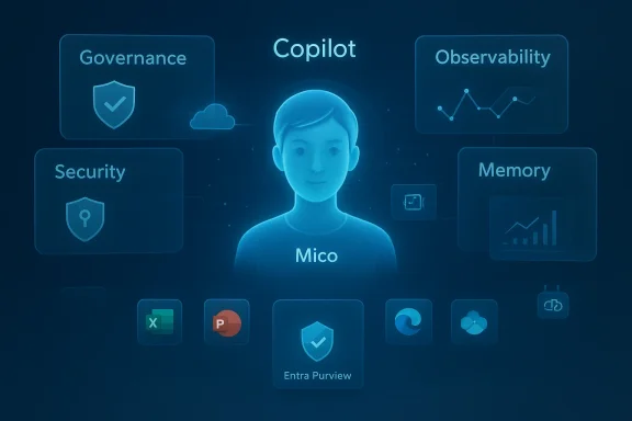 Blue holographic AI avatar 'Mico' centers Copilot among panels: Governance, Security, Observability, Memory. Blue holographic AI avatar 'Mico' centers Copilot among panels: Governance, Security, Observability, Memory.