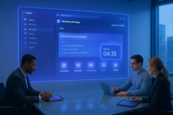 Team of professionals in a meeting, with a holographic Teams interface projected on the wall.