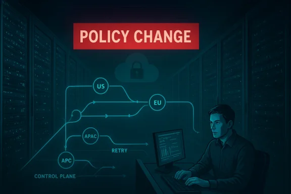 A technician watches a policy-change diagram mapping global network routes in a data center.