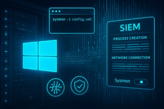 Blue neon cyber scene showing Windows logo, Sysmon config, and SIEM monitoring panels.