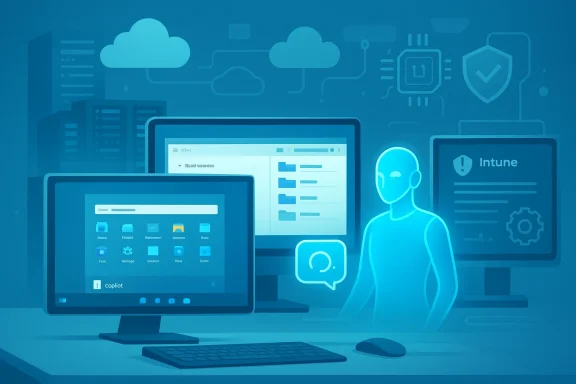 Blue-toned scene of an AI assistant overseeing cloud servers and multiple monitors.