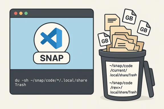 A computer window shows the Snap logo while a trash can fills with Snap file paths.