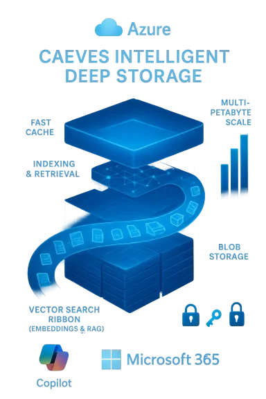 Azure CAEVES Intelligent Deep Storage illustration with fast cache and blob storage.