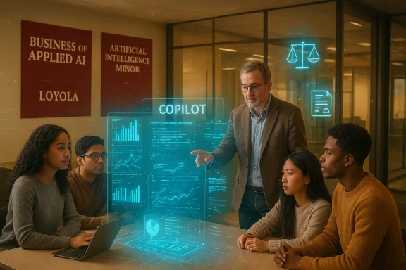 Instructor guides students through a holographic COPILOT data dashboard during an AI class.