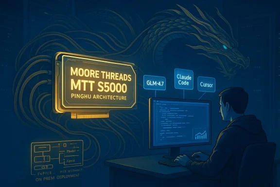 A coder at a desk under a dragon mural watches a glowing display reading Moore Threads MTT S5000.
