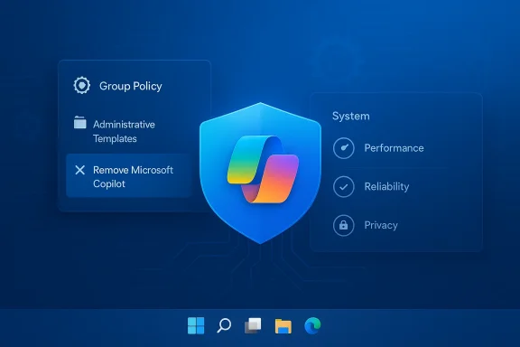 Blue Windows policy UI showing a “Remove Microsoft Copilot” option beside a shield emblem.