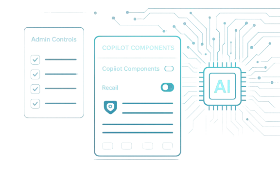 Futuristic blue UI showing an AI chip with Copilot Components and admin controls.