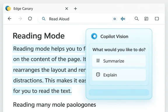 Edge Canary reading mode with highlighted text and Copilot Vision panel offering Summarize and Explain.