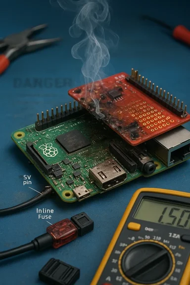 Raspberry Pi with a scorched expansion board emitting smoke.